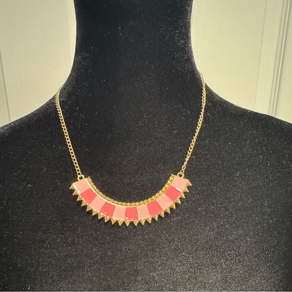 Bold Pink and Gold Statement Necklace with Textured Pendant